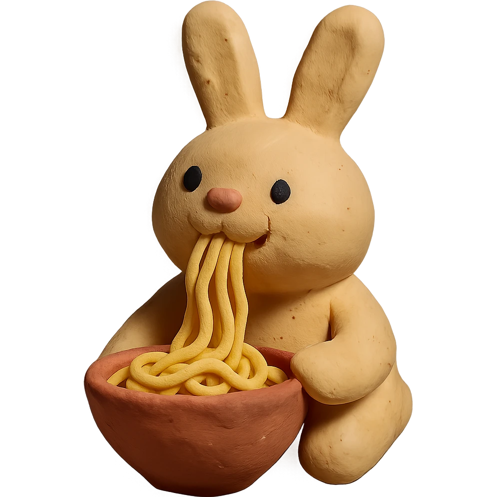 beige bunny happily slurping noodles in claymation style emoji