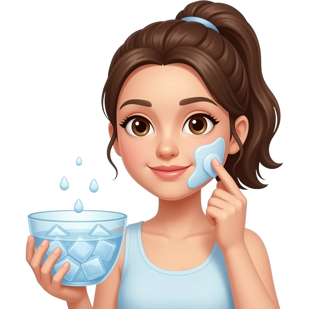 A girl with her hair tied back and no makeup, holding a bowl of ice water for her face icing routine emoji