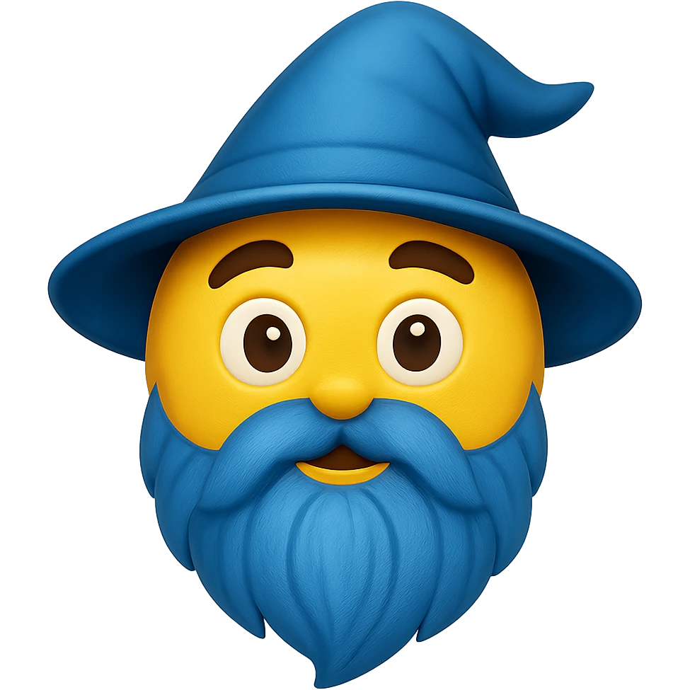 yellow face with blue wizard beard, digital illustration, emoji style, no background emoji