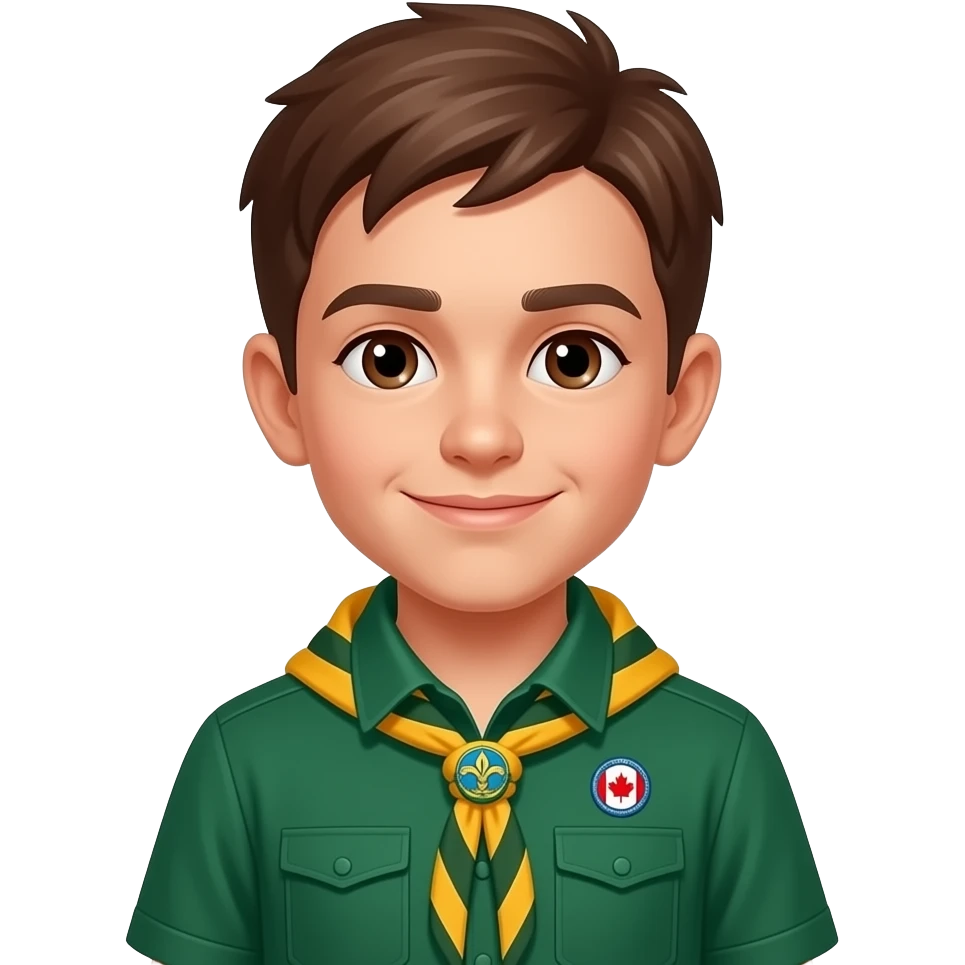 Scout Green shirt, Caucasian boy, brown hair and eyes scouts canada badge emoji