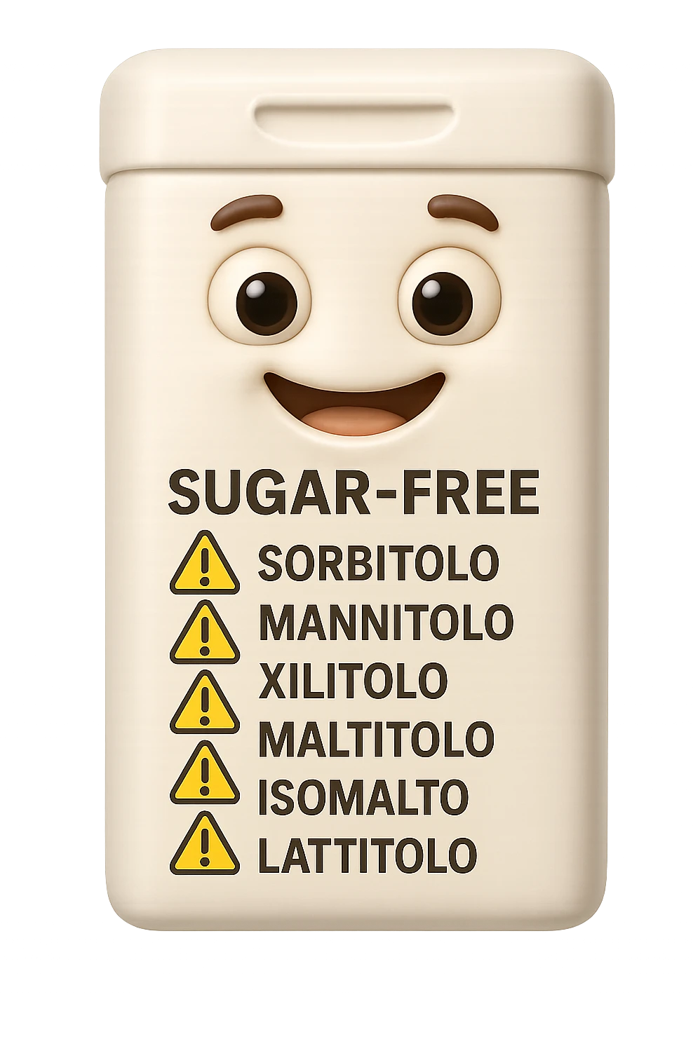 SU QUESTO STILE FAI UN EMOJI STILE IPHONE 3D DI UN pacchetto di gomme senza zucchero con ETICHETTA CON GLI INGREDIENTI SCRITTI, "sorbitolo, mannitolo, xilitolo, maltitolo, isomalto, lattitolo" accanto ad ogni nome scritto mettici un segnale di allarme, FALLO MOLTO REALISTICO IN 3D emoji