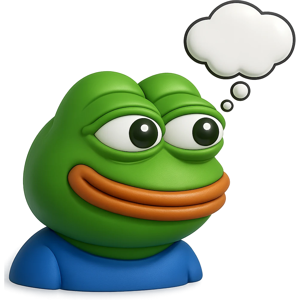 make a pepe in bright green smiling with thought bubble looking at right side in 3d style, good highlights and shadows, drop shadows emoji