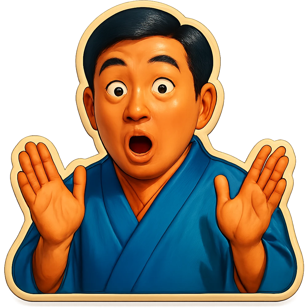 The same Japanese man in traditional kimono looks at the viewer with a surprised look, and his hands are empty emoji