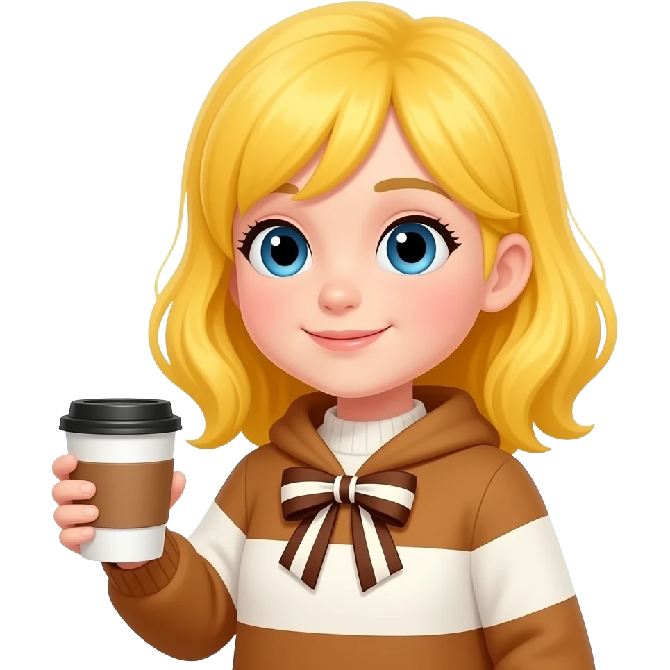 Bir kız elinde kahve var sarı saçlı üstünde Kahverengi ve beyaz biri kazak var üstünde Kahverengi ve beyaz kurdele var emoji
