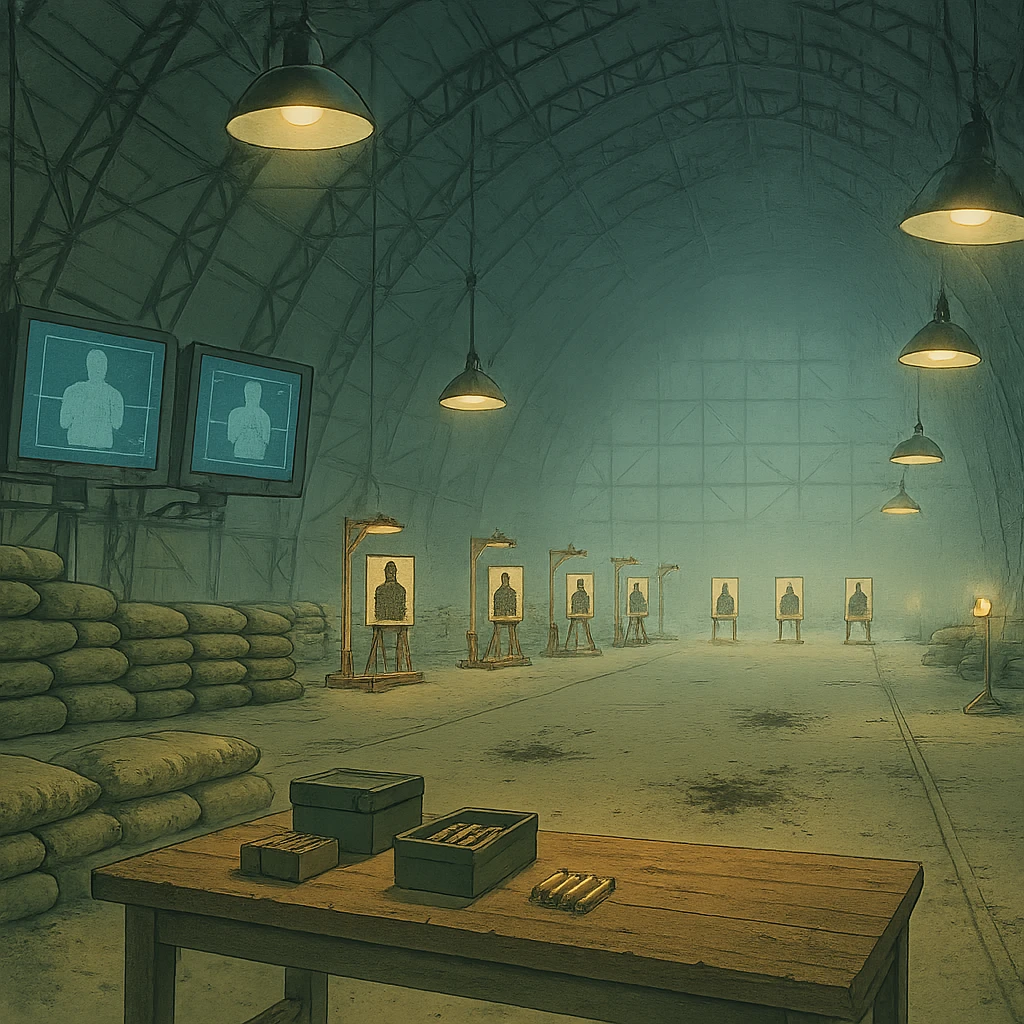 an indoor target range, inside a blimp hangar, monitor screens, sandbags, mechanical target stands with silhouette, overhead lights, blast marks on the floor, sandbags, firing range table set with ammo boxes, large work lamps, atmospheric perspective emoji