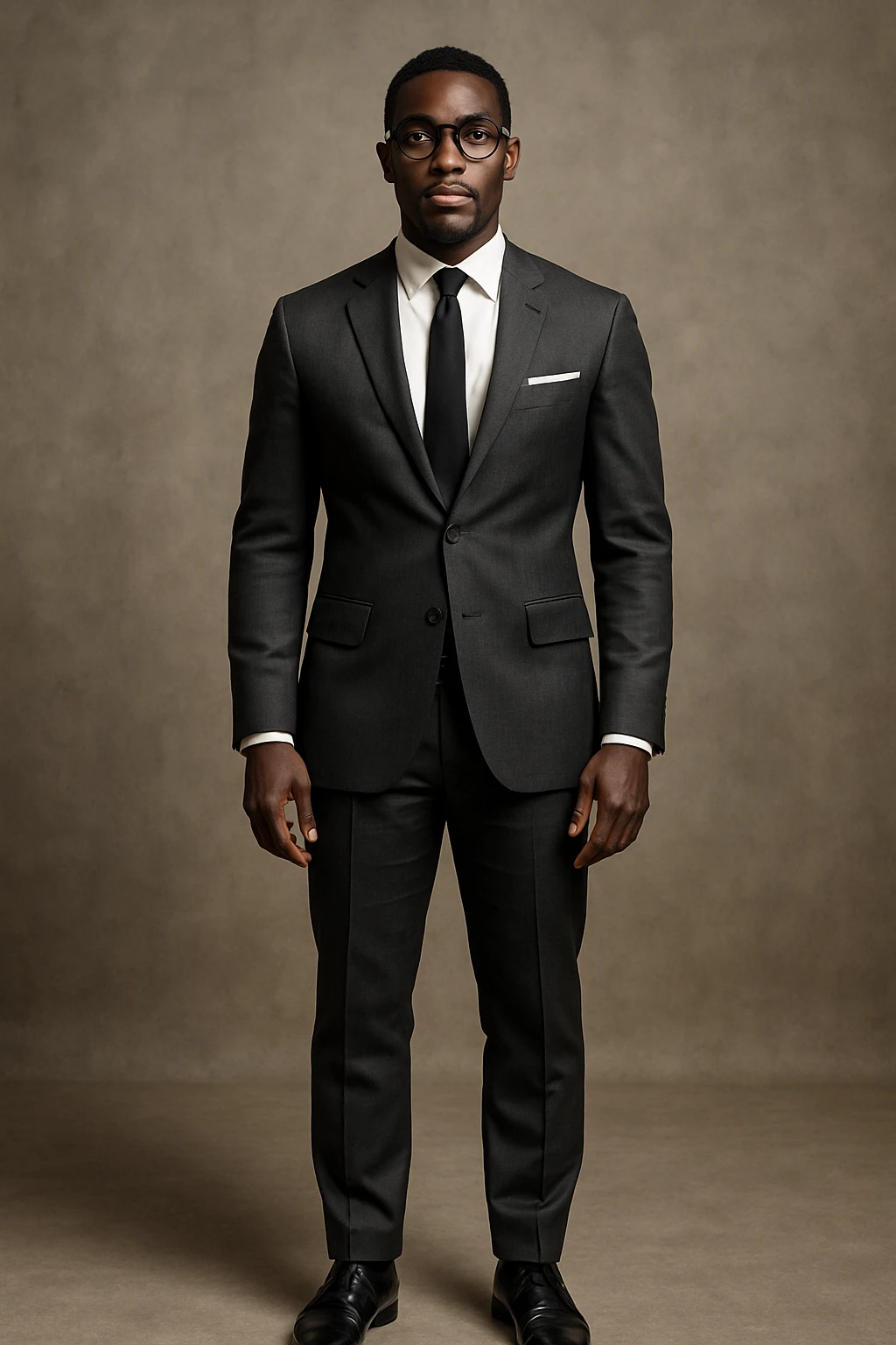 A dark-skinned man in a suit with glasses, full-length emoji