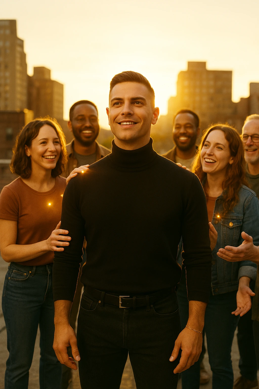 A cinematic scene of a man in his early 30s standing at the center of a sunlit urban rooftop during golden hour, surrounded by a diverse group of supportive, smiling people — friends, mentors, colleagues. They’re standing slightly behind or beside him, hands on his shoulder or gesturing toward him with encouragement. The man looks forward with a confident, inspired expression, body slightly relaxed, as if something inside di lui sta cambiando. The light behind the group forms a halo effect, emphasizing warmth and unity. Subtle visual symbolism: faint glow around their hands and hearts, suggesting their energy is uplifting him. Realistic clothing, modern style — jeans, T-shirts, casual jackets. The mood is inspiring, grounded, and full of potential. Shot in 35mm film style, with rich warm tones, shallow depth of field, and vibrant human detail. emoji