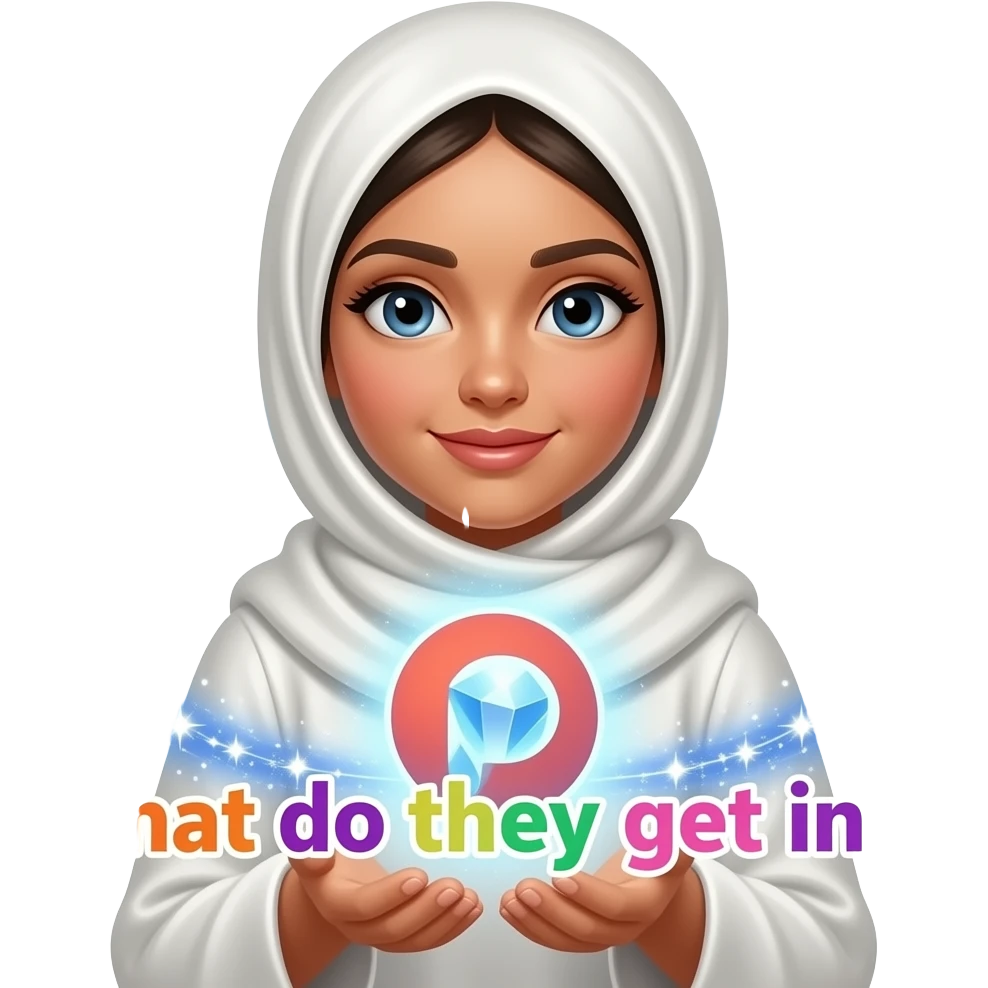 A beautiful woman in a pearl-white satin hijab, left around a glowing Patreon logo made of crystalline light. Swirling trails of celestial energy and stardust surround her hands, colorful text: 'What do they get in?'. Isolated on white, soft pastel colors, 3D icon style, ultra-detailed emoji