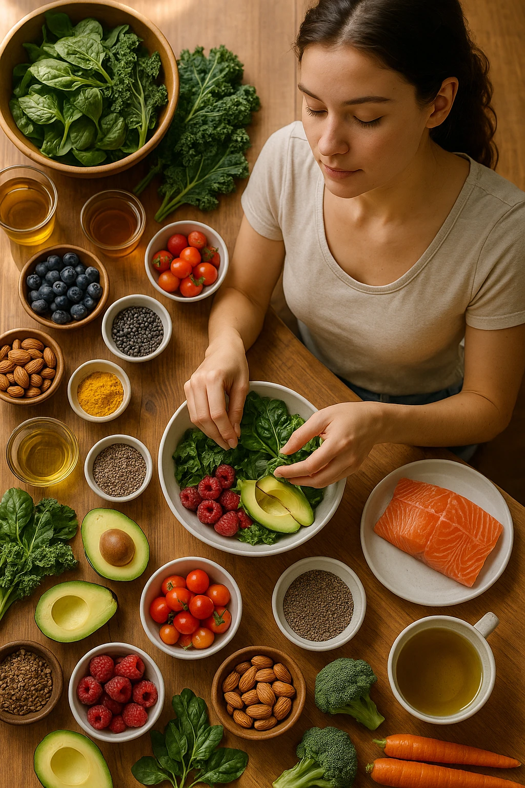 A realistic, cinematic flat-lay image of a clean wooden kitchen table filled with fresh, colorful whole foods known to help reduce androgen excess naturally. The table includes leafy greens like spinach and kale, avocados, berries, colorful vegetables, nuts, seeds (chia and flaxseeds), wild-caught salmon, and herbal teas, carefully arranged in an aesthetically pleasing, organized manner. A small glass bowl with olive oil and another with turmeric powder are included, emphasizing anti-inflammatory properties. In the scene, a young woman with clear, healthy skin and a calm expression is preparing a bowl with these ingredients, symbolizing a hormone-balancing diet. Warm, natural daylight streams in, creating a cozy and inviting atmosphere. The style is hyper-realistic 35mm photography, with vibrant yet soft colors, showcasing textures of the fresh produce and the peaceful vibe of using nutrition to support hormonal balance in italiano emoji