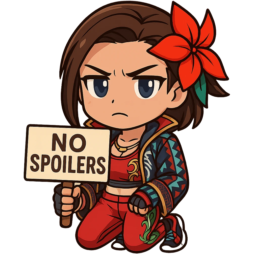 Azucena from Tekken 8 in chibi sticker style, holding a sign that says 'NO SPOILERS', with a serious expression, wearing the detailed red and patterned outfit from the reference images, designed for Twitch emote use. emoji