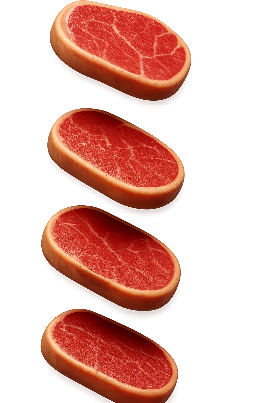 emoji stile iphone in 3d di fette di carne che cadono verticalmente dall'alto, iperrealistico 4k emoji