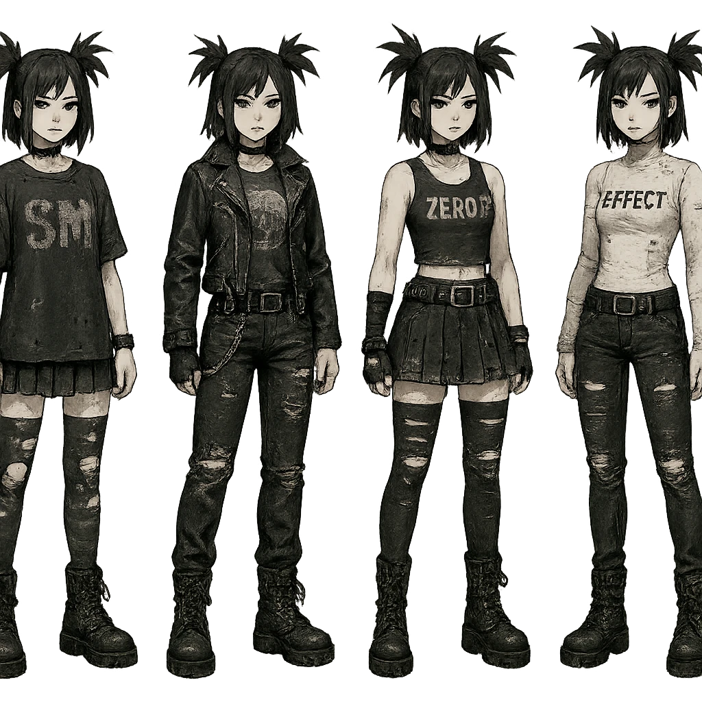 outfit designs for a VTUBER OC. The style is mixed 90's grunge, punk, lots of black and white in the color scheme, futuristic aesthetic. Clothing has small rips and tears from wear, logos and designs are faded. Garage, Shoegaze, postmodern style. character design concept art outfits for a female emoji