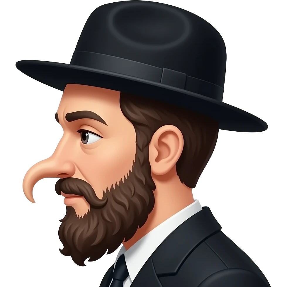 Stereotypical Hasidic Jew with curly sideburns hair and a large black hat and a long curved (hook nosed)nose side profile emoji