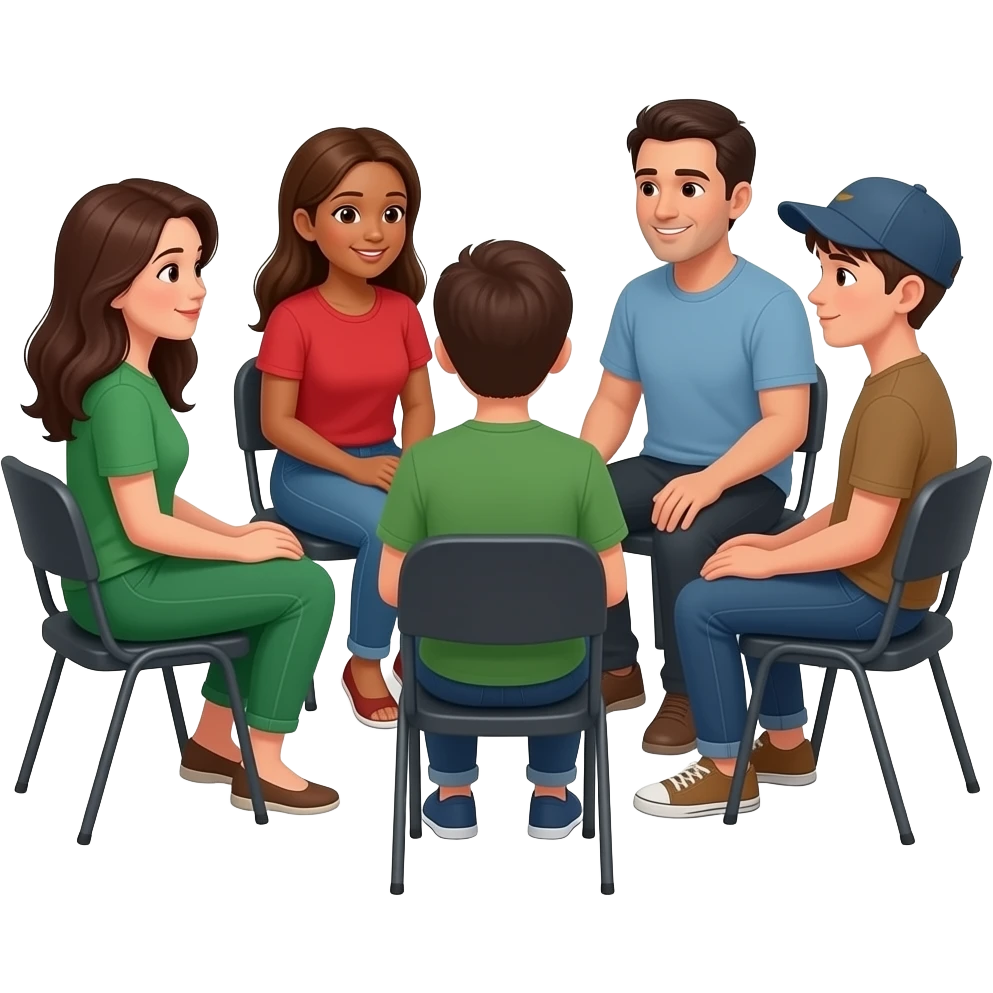 grupo de personas sentado en ronda hablando. que este integrado por una señora joven de 35 años vestida con pantalon y remera verde,comunicandose con una mama joven de pelo largo castaño y de tes morena remera roja, un papa morocho de tes no tan morena y un adolescente con gorra. emoji