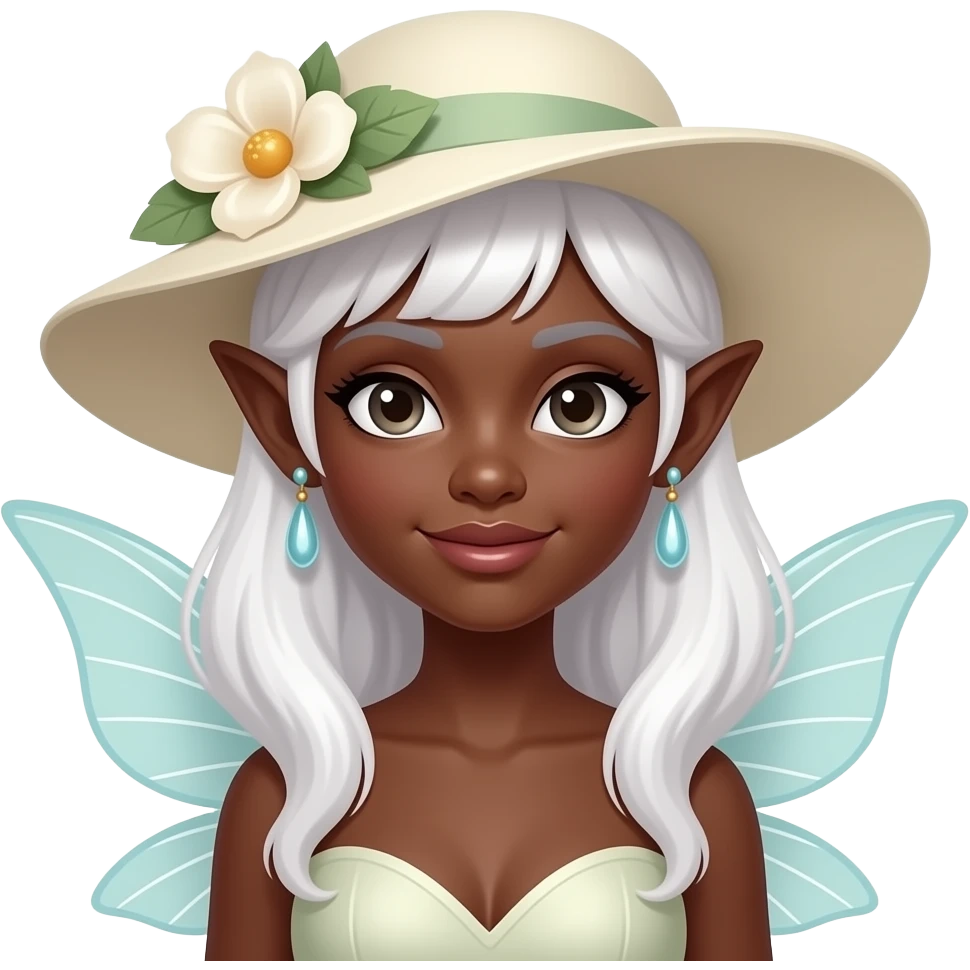black skinned fairy with white hair beautiful and hat and earrings and wings emoji