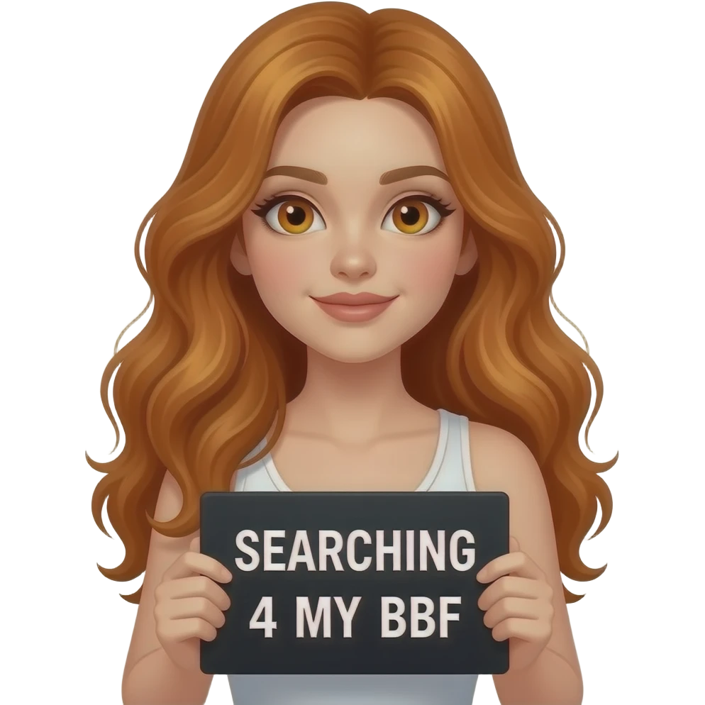 sexy girl with long wavy ginger hair and ginger eyes wearing a white tanktop is holding a black colored sign with SEARCHING 4 MY BBF written on it emoji