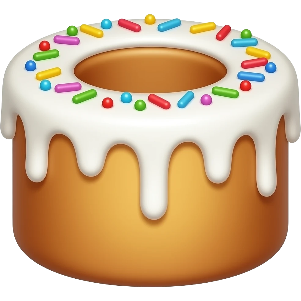 Создай кулич в стиле эмоджи iPhone — это цилиндрообразная, слегка выпуклая форма с мягкой, золотистой, темно коричневойкорочкой, будто только что из печи. Верхушка украшена белоснежной глазурью, которая стекает по бокам капельками. В центре — разноцветная посыпка: крошечные сахарные шарики. emoji