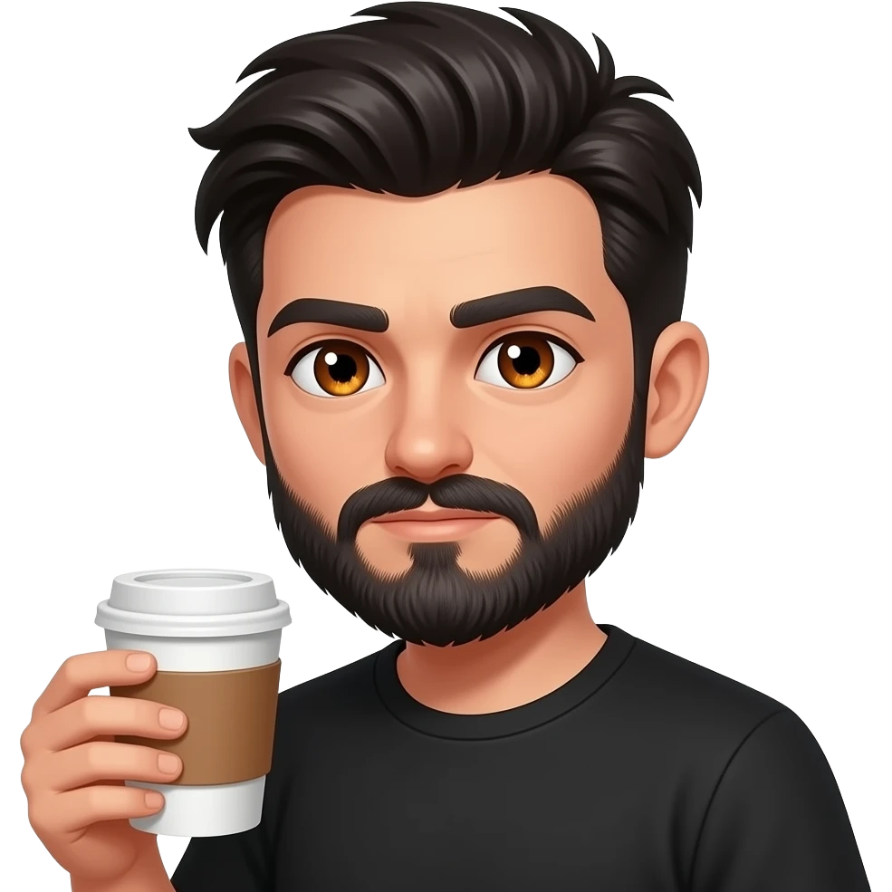 Brown male, black tapered messy hair, Blank face, slightly slouched, holding coffee, with black short beard. Bloodshot eyes with darker eyebags, brown eyes, Normal face but tiny chaos inside (maybe fire in eyes) emoji