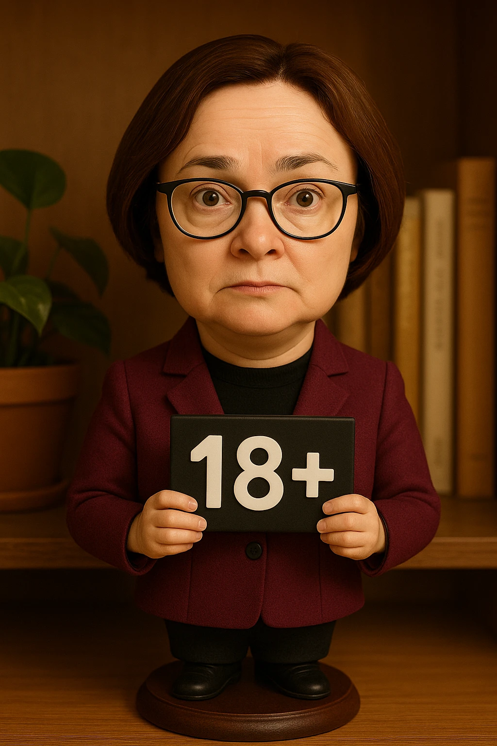 Удивленная Эльвира Набиуллина смотрит прямо на зрителя и держит в руках табличку 18+ emoji