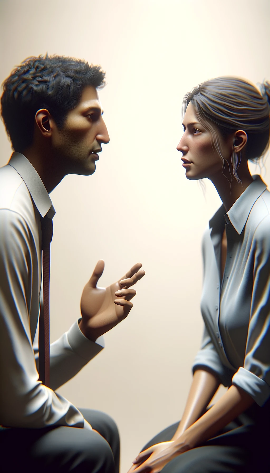 una persona parla e un altra persona di spalle lo ascolta, immagine iperrealistica 4k, sfondo chiaro emoji