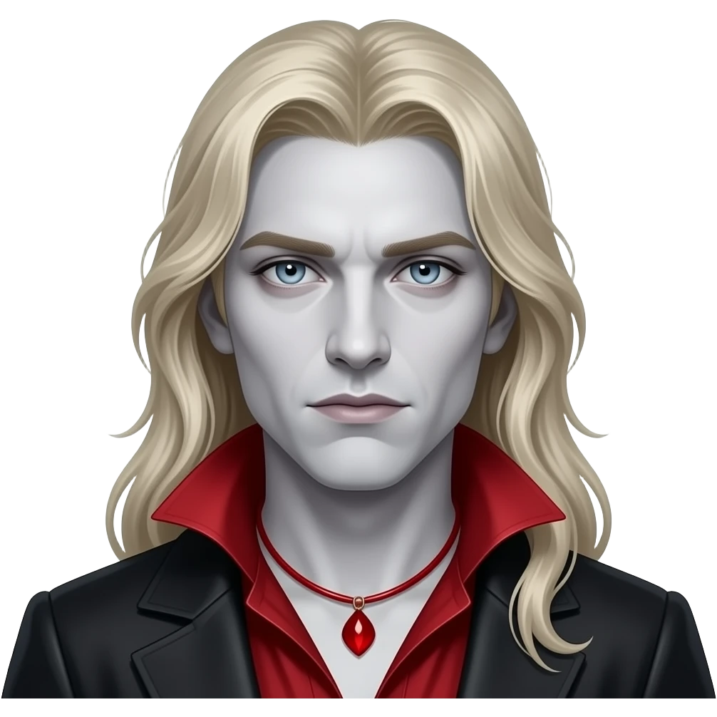 Lestat from The Vampire Chronicles with pale-grey skin, gray-blue eyes, long blonde hair, deep red metallic ruffle shirt, red necklace emoji