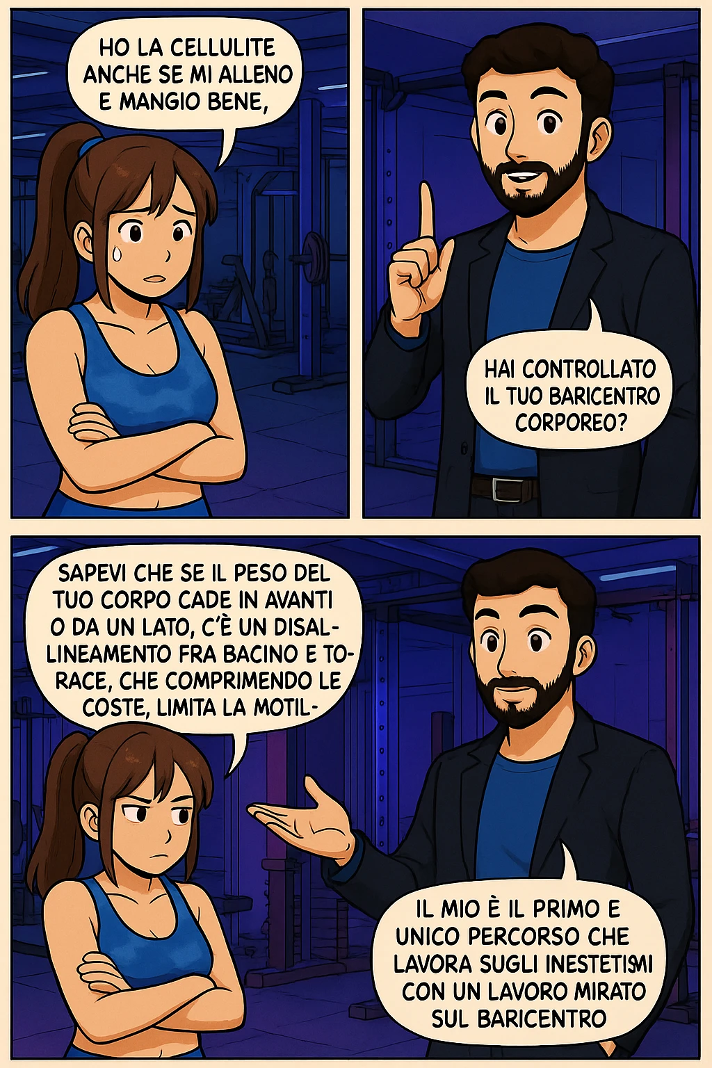 PRENDI SPUNTO DA QUESTO STILE FACENDO UN WEBTOON/MANGA:

LEI: Ho la cellulite anche se mi alleno e mangio bene, cosa posso fare?

LUI: Hai controllato il tuo baricentro corporeo?
LUI: Sapevi che se il peso del tuo corpo cade in avanti o da un lato, c’è un disallineamento fra bacino e torace, che comprimendo le coste, limita la motilità del diaframma e l’ossigenazione dei tessuti?
LUI: Il mio è il primo e unico percorso che lavora sugli inestetismi con un lavoro mirato sul baricentro corporeo. emoji