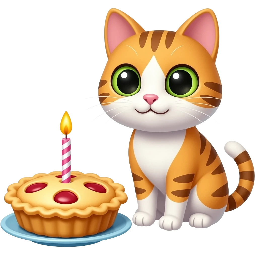 cat next to a pie with a birthday candle emoji