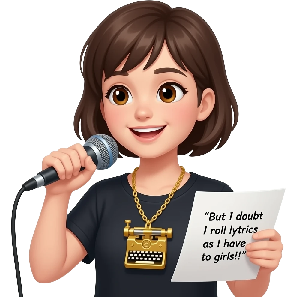A nerdy girl with short hair and brown eyes rapping and wearing a golden stenography machine as a necklace. On her paper are the lyrics: "But I doubt I roll lyrics as I have to girls!!"
 emoji