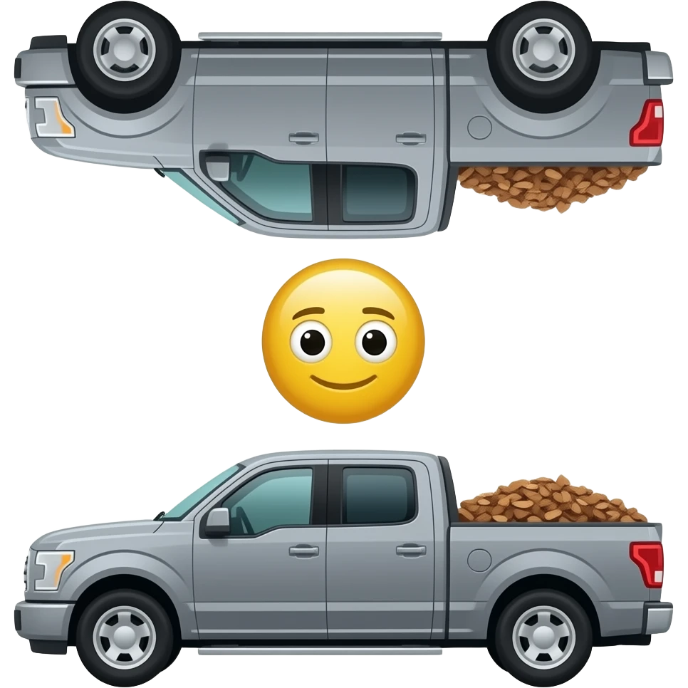 Put this emoji between to cars Gray F150 with full of bark chips in the back upside down in between two other cars emoji