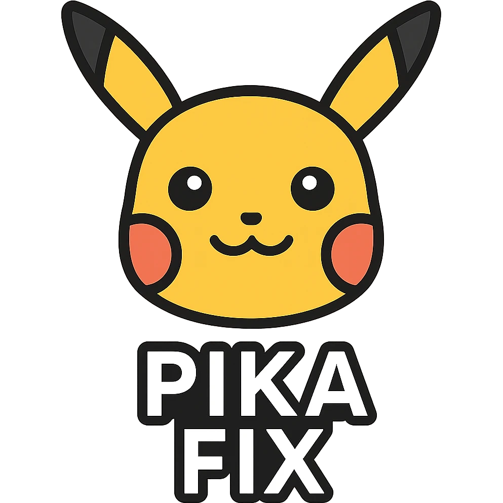 Adjust the icon so that there is very little space between Pikachu's head and the text below. Change the text 'PIKA' and 'FIX' to white color. The icon should be clear and cute with a transparent background. emoji