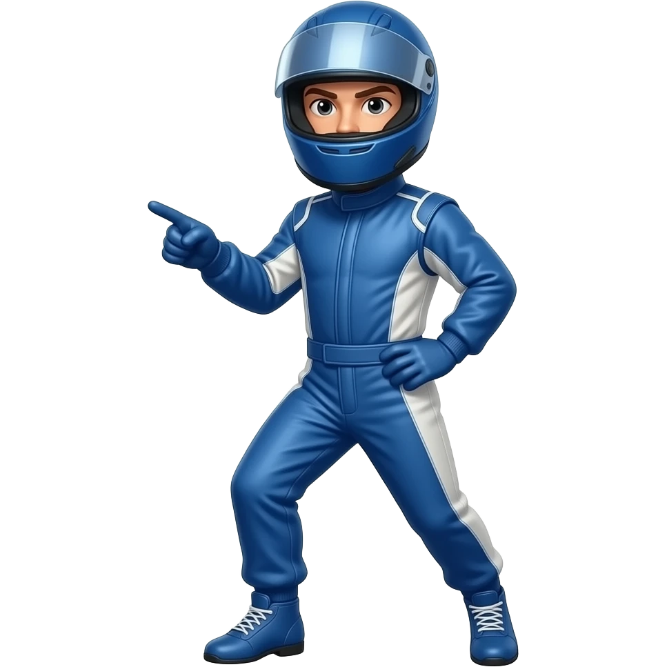 f1 racer posing with blue costume, using blue costume and helmet, pointing pose emoji
