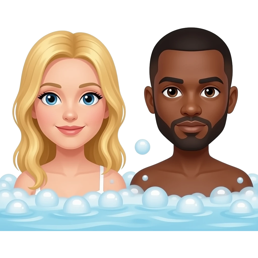 Blonde woman & black man with shaved head in bubble bath emoji
