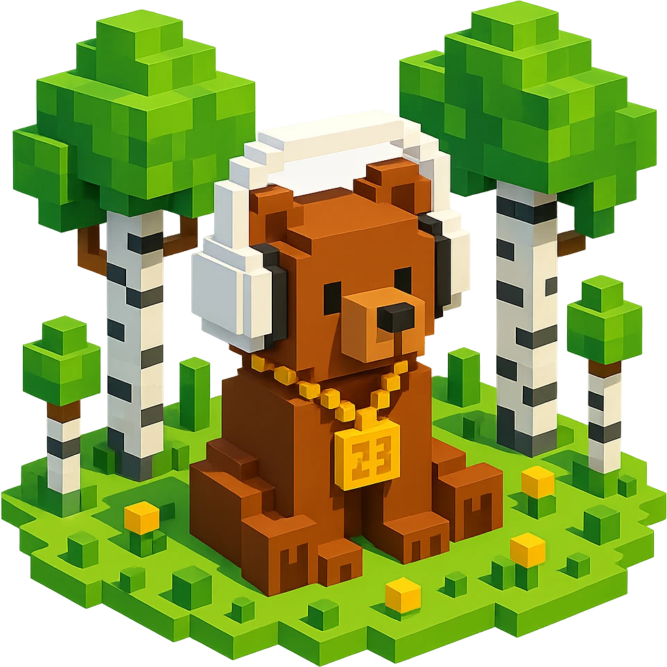 березовый лес, в котором сидит бурый медвежонок в белых наушниках (наушники должны закрывать уши медведя), на медведе цепь с подвеской "23", no background  emoji