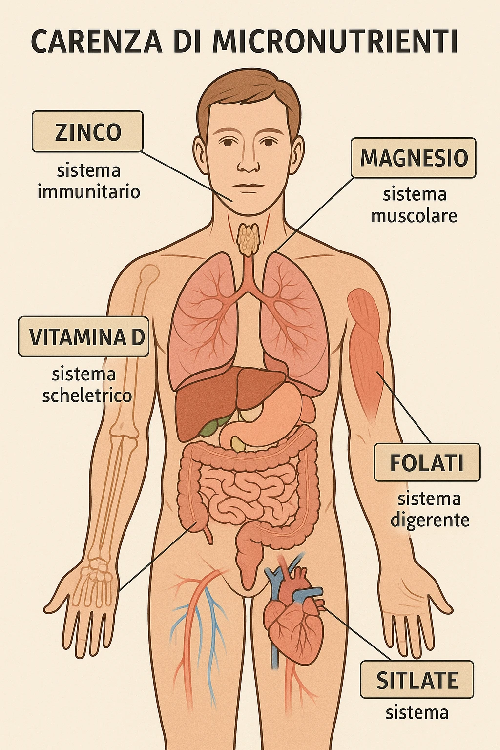 corpo umano in carenza di micronutrienti come zinco, magnesio, vitamina D, folati, in italiano emoji