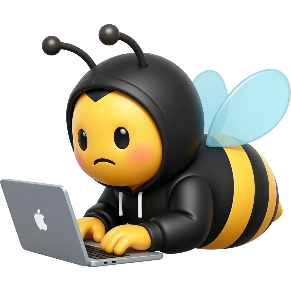 3D cartoon bee emoji, rounded chubby body, black and white stripes, wearing black hoodie, typing on laptop, focused serious expression, light blue transparent wings, black antennae with white round tips, smooth shiny surface, black background emoji