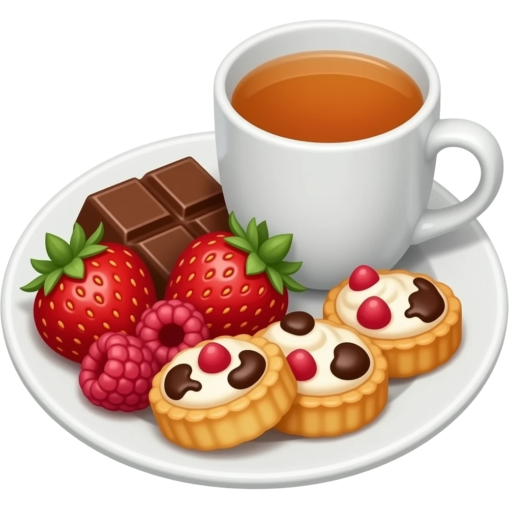 emoji-style illustration of a cozy snack plate for a reader, filled with strawberries, raspberries, chocolate, small pastries, and a cup of tea, bookish vibe, minimal background, kawaii emoji style, no characters emoji
