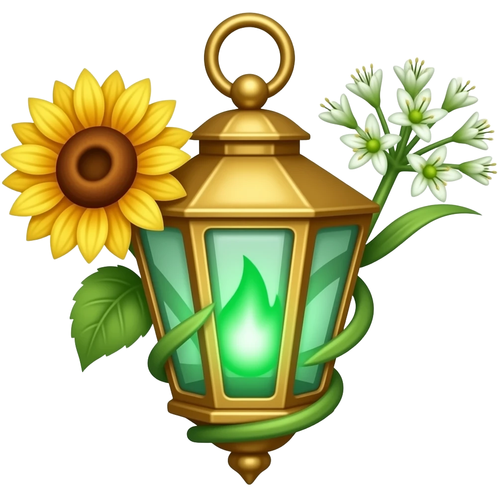 A golden hanging lantern with a bright emerald flames, an empty loop on top, blooming sunflower (l) & asphodel (r) wrapping it, focus more on the green fire, paint the glass more green, have its bottom point come to some sort of point emoji