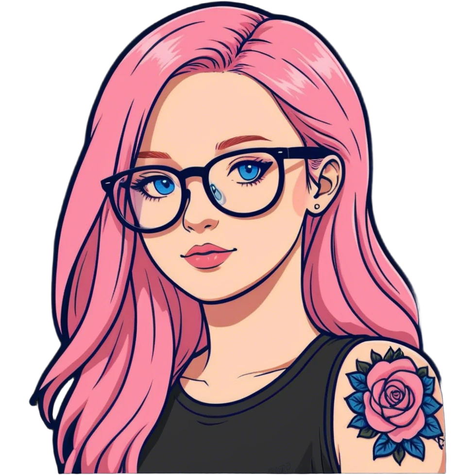 Photo Realistic dior female model, blue eyes and glasses, pink long hair, shoulder tattoo  emoji