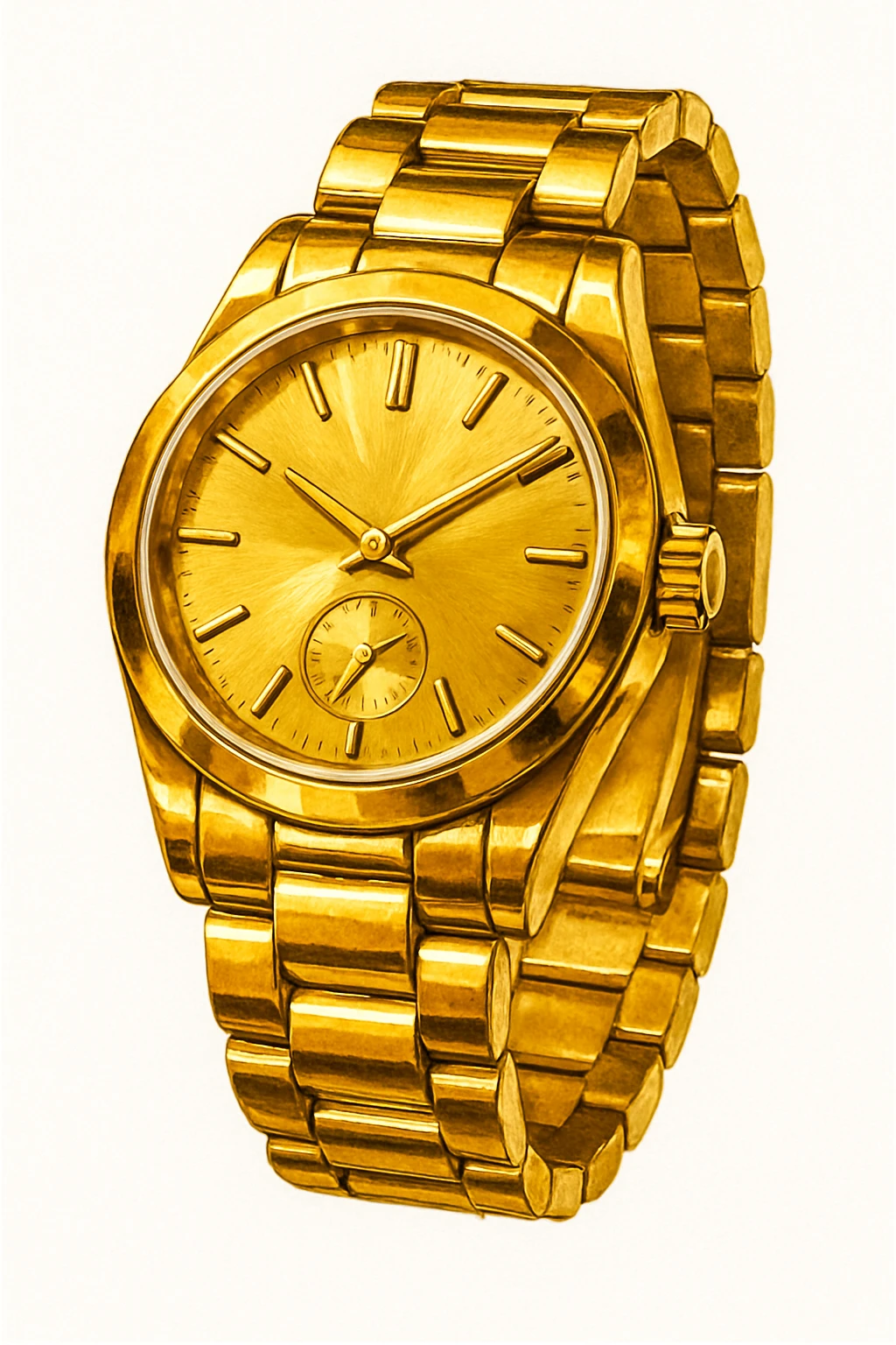 Сгенерируй мне часы ЗОЛОТЫЕ, дорогие, в чуть рисованном стиле. На чисто белом фоне. БЕЗ НАДПИСЕЙ. Но при этом объмная и яркая. Золото не должно быть пластмассовое, оно должно быть блестящие, хорошее emoji