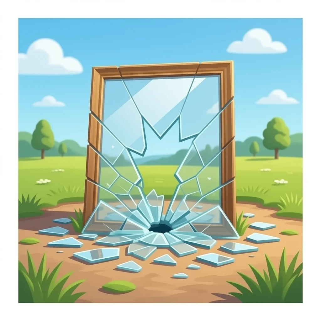 A shattered mirror rests on the ground, surrounded by scattered glass shards. Each piece reflects light with a subtle shine, forming a simple and polished scene in the style of an Apple emoji. emoji