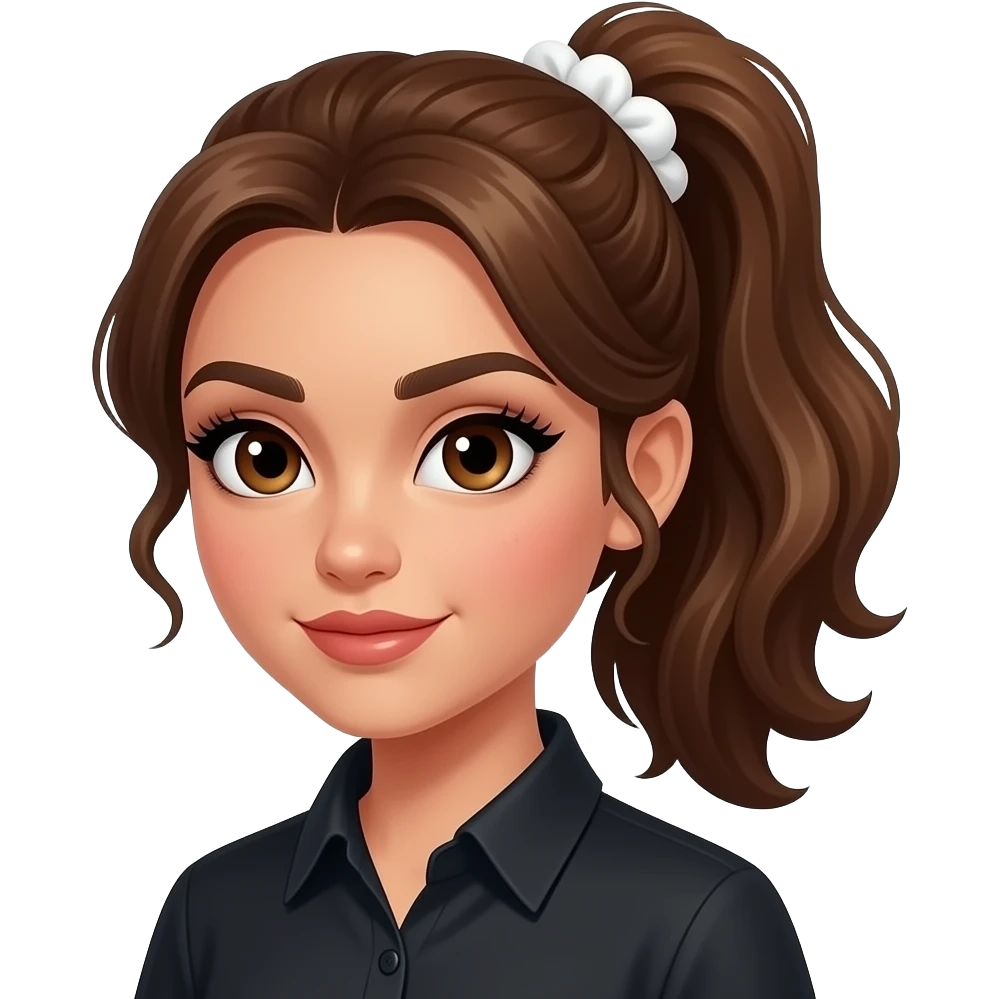 ggirl with bright brown hair, wavy, in a ponytail with a white scrunchie, dark-golden-brown skin, big brown eyes, long lashes, thick dark eyebrows, a single dimple on her left cheek, vampire shirt. emoji