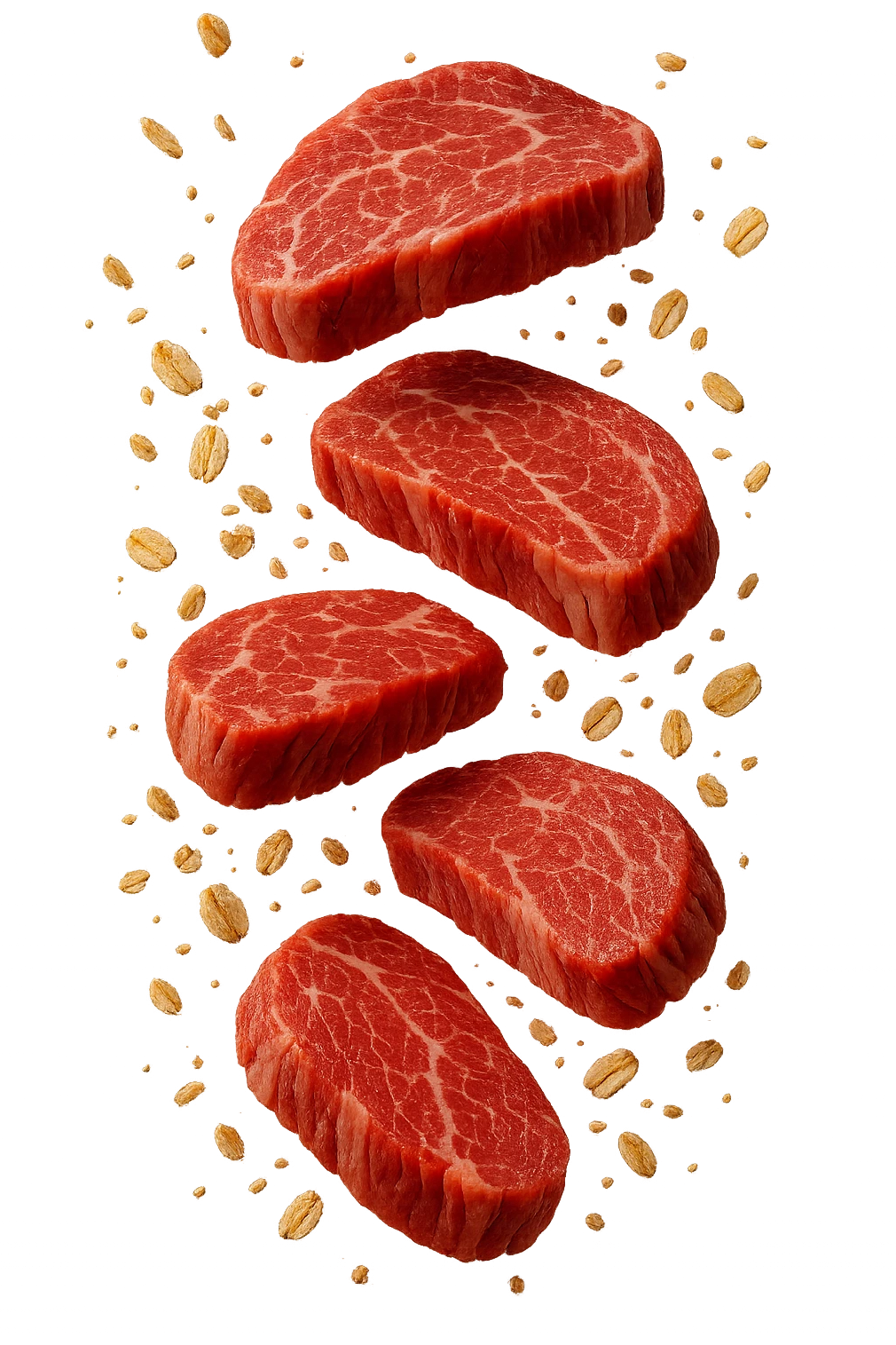 FETTINE DI CARNE FLUTTUANO IN ARIA INSIEME A FIOCCHI DI AVENA, IPERREALISTICO 4K emoji