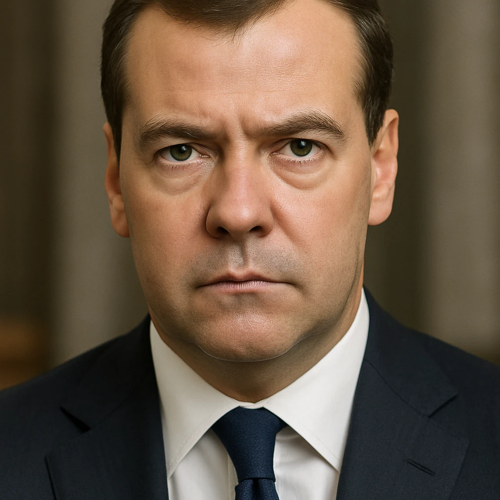 photorealistic, highly detailed portrait of Dmitry Medvedev with a serious expression and realistic facial features, maximum quality emoji