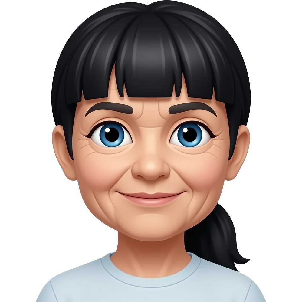 Blue eyes thick bangs ponytail black hair senior citizen 80yo emoji