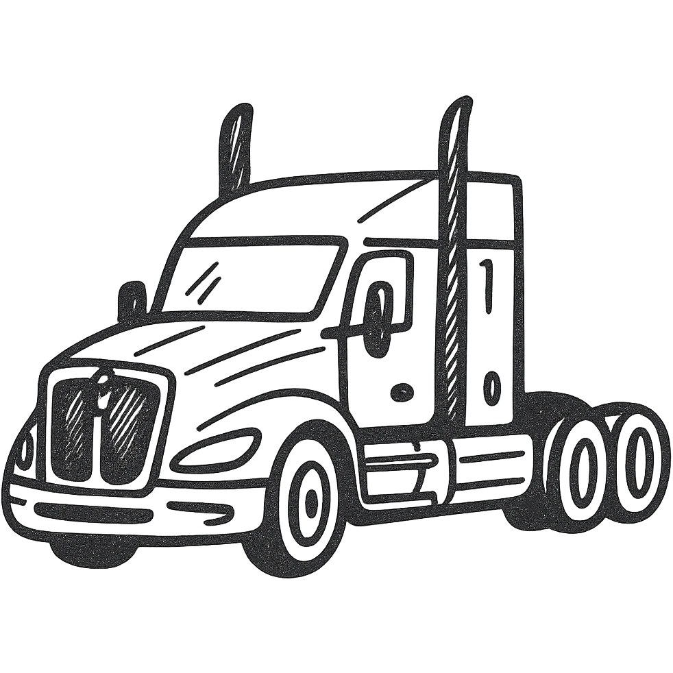 Change the 2026 Kenworth T680 truck to a Flattop version, keep it black with chrome stacks, in a hand drawn icon style with no fill and clean lines, transparent background. emoji