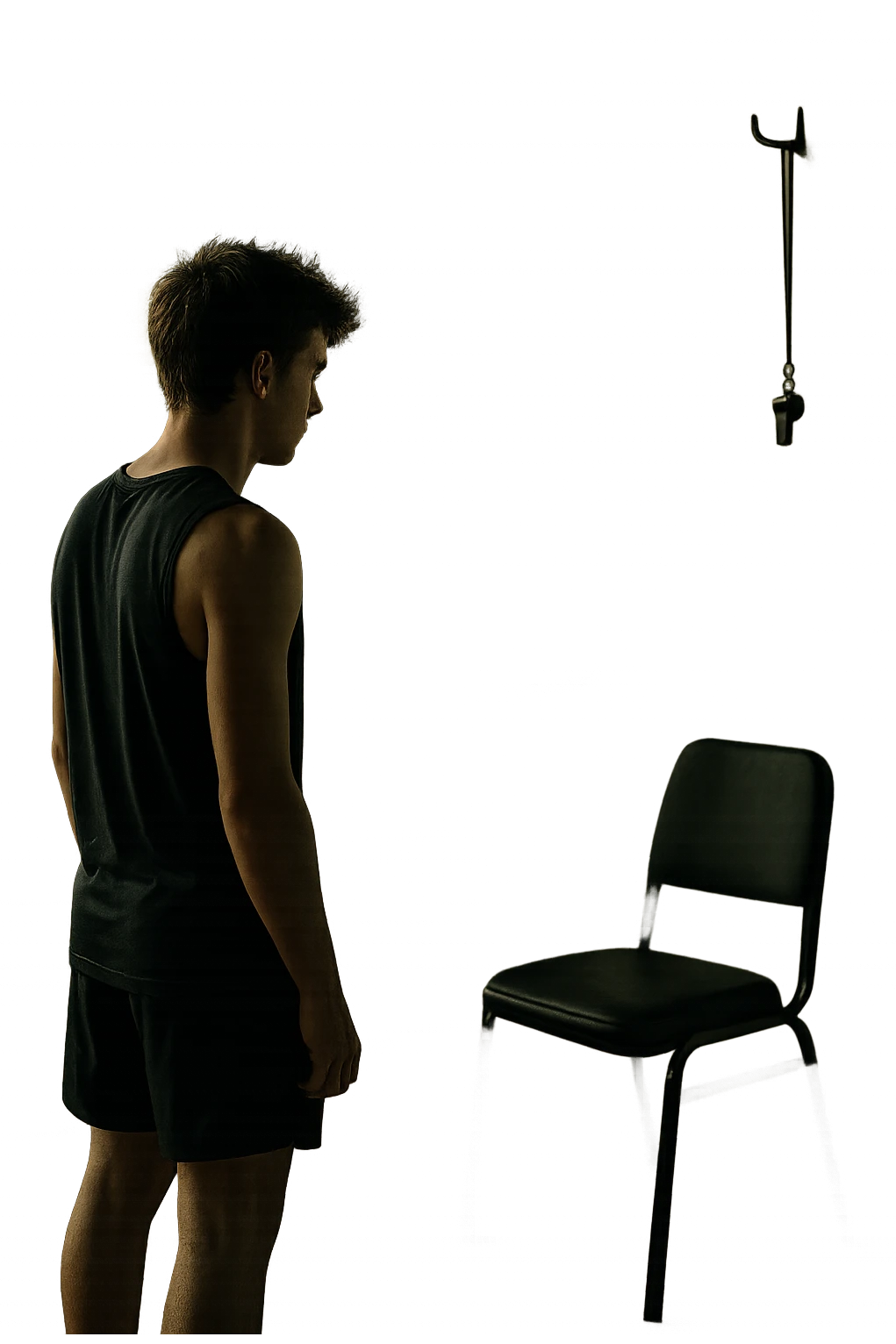 cinematic a person stands alone on a running track or in a fitness studio, glancing toward an empty coach’s chair or whistle hanging on a hook. The absence of the coach is emphasized by a faint, transparent silhouette or shadow where the coach should be. The atmosphere is quiet and a bit disheartened. in italiano emoji