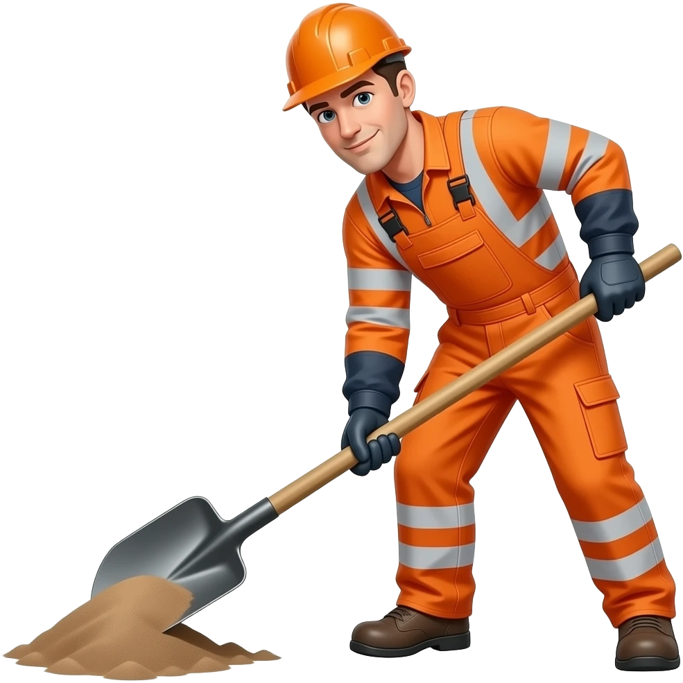 man in full orange hi-vis overalls with sleeves shovelling emoji