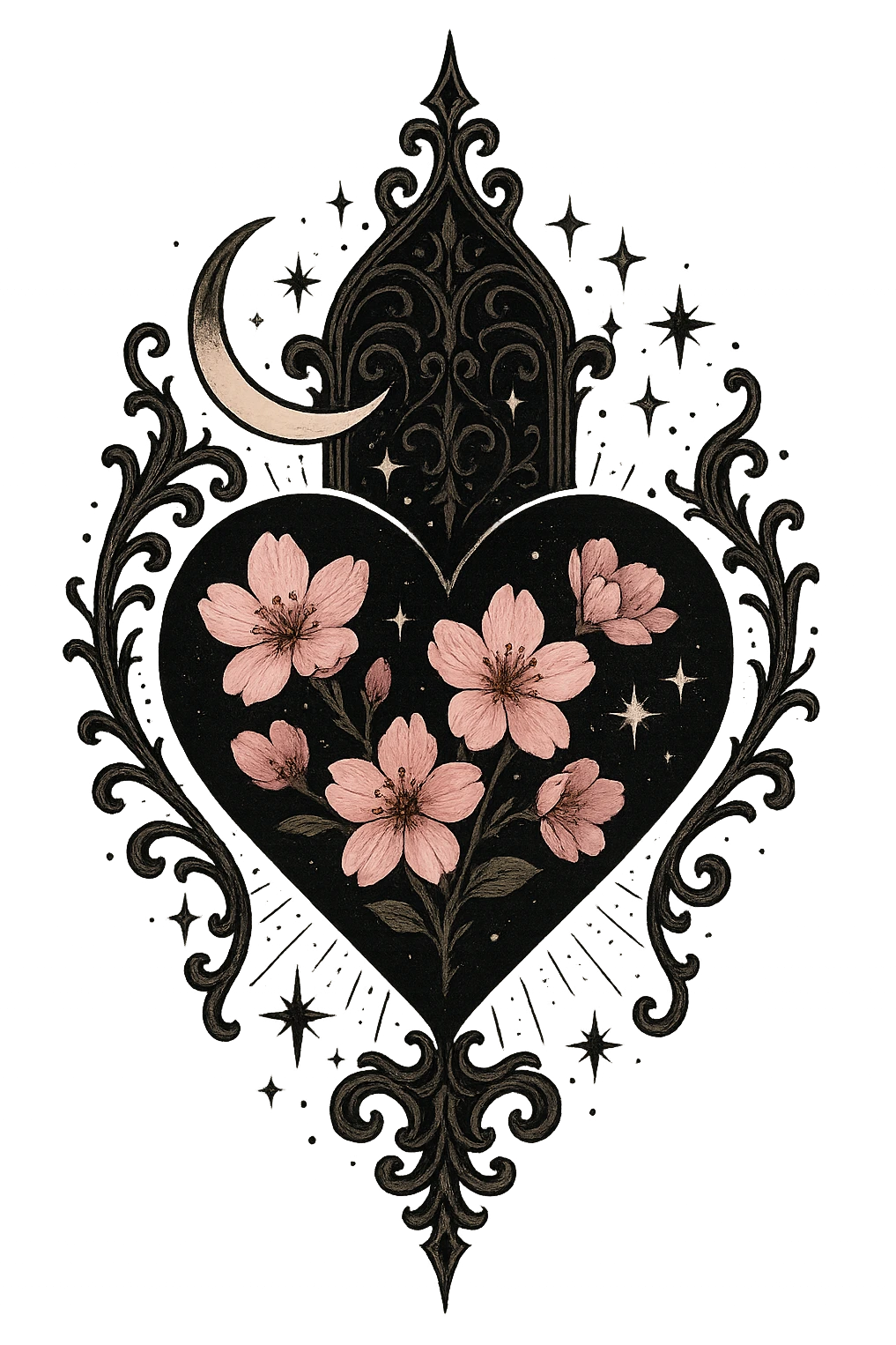 goth sakura heart, celestial gothic style, black heart with pink sakura, crescent moon and stars, mystical and dark emoji