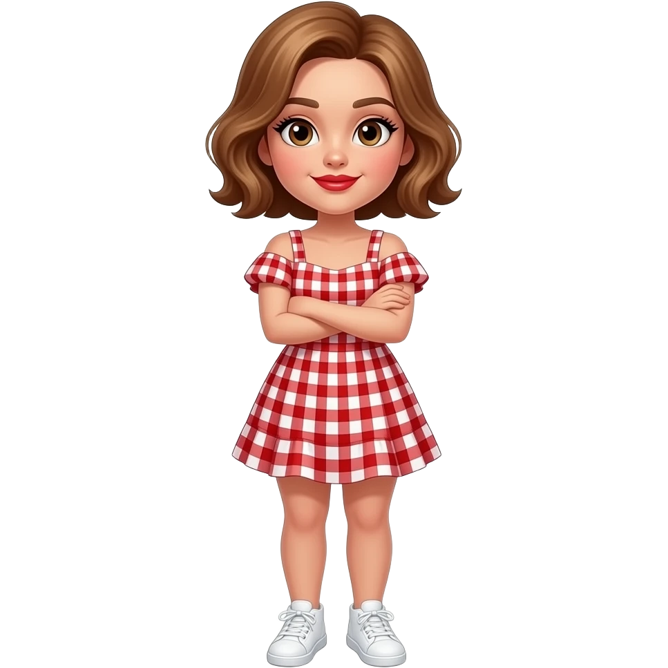 glamours,-tanned,-very-beautiful-girl,-with-big-plump-red-lips,-long-long-lashes,-honey-silky-very short- hair,-wavy-hair,-hazel-eyes- wearing- red-gingham-frill - dress- white-sneakers-shrugging-shoulders-full-body emoji
