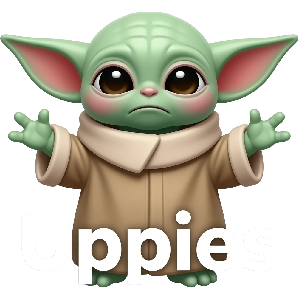 Baby Yoda looking sad, Ohren nach hinten angelegt, Hände ausgestreckt, weil er auf den Arm genommen werden möchte, unten Text „Uppies“ weiss emoji